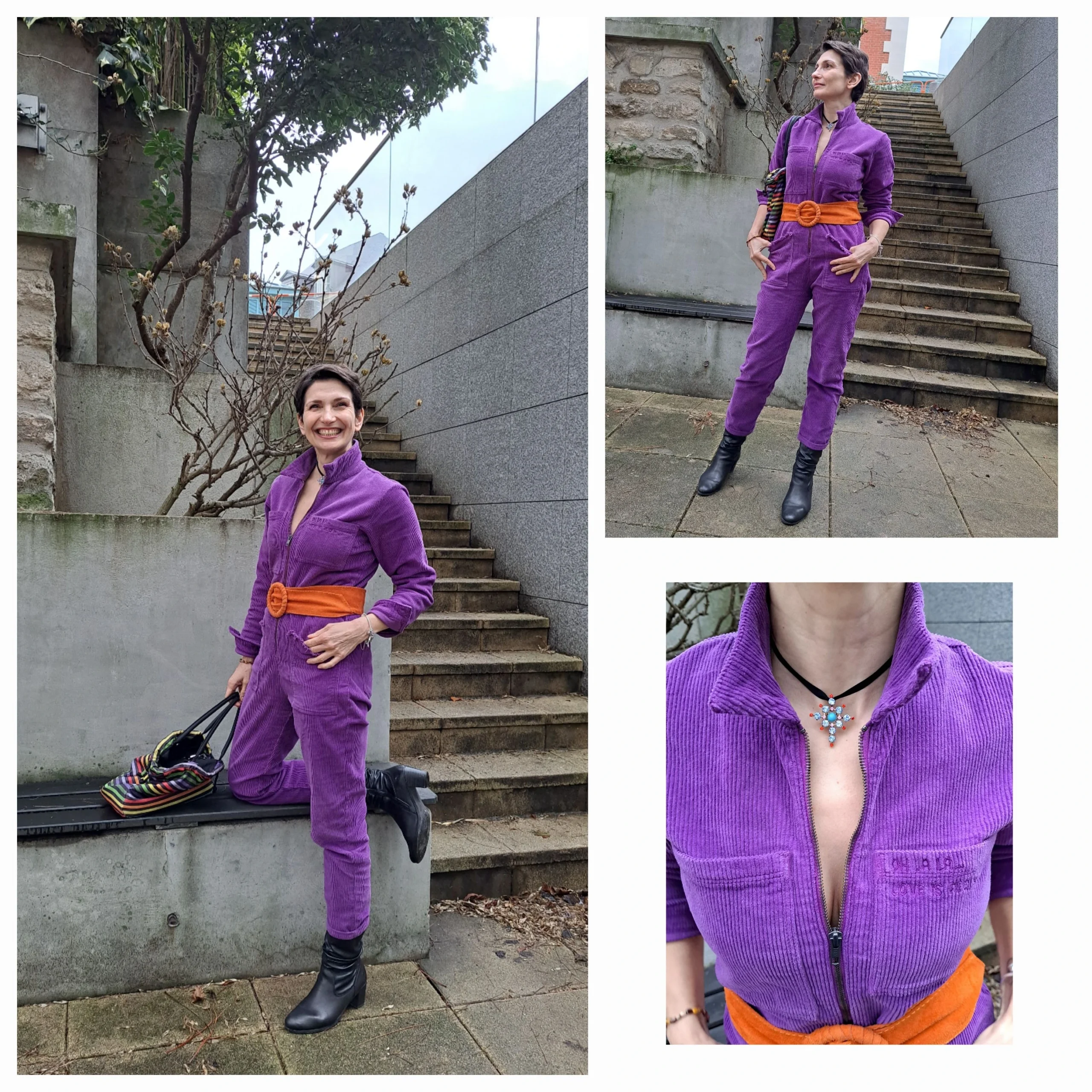 Apparence en violet, salopette, ceinture orange