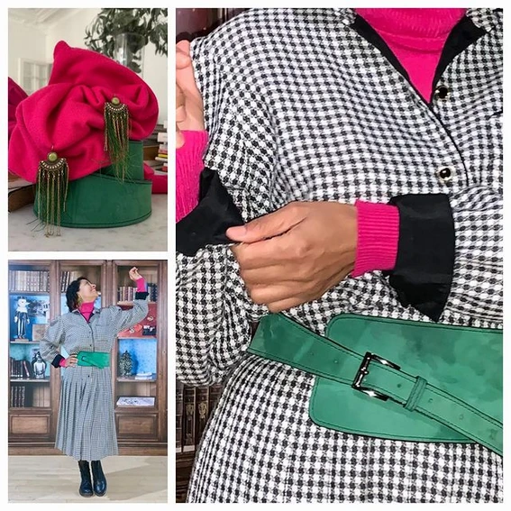 Apparence fuchsia noir et vert robe ceinture accessoires