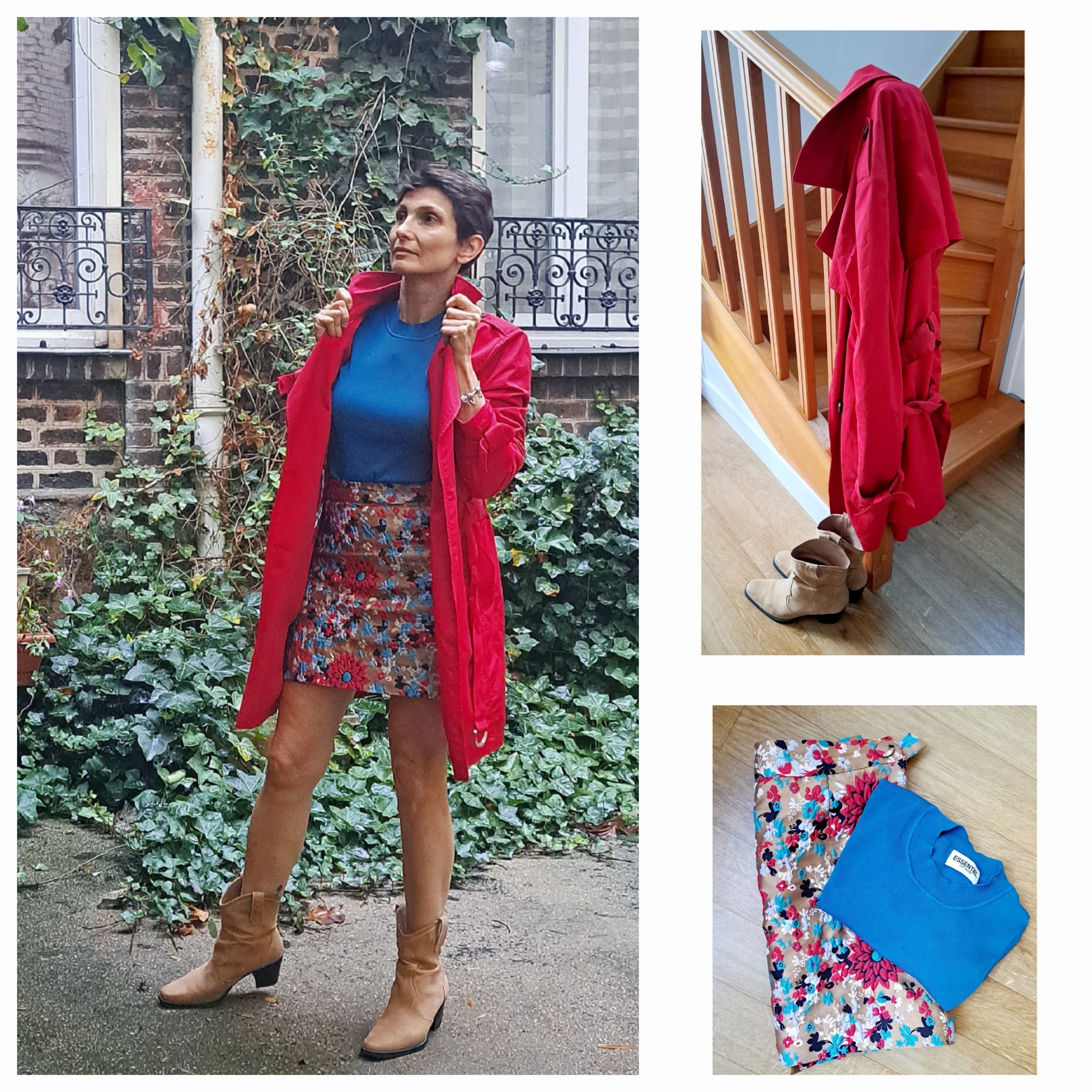 Apparence en rouge et bleu, jupe, chemise et veste